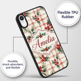 Watercolor Holly Berry Plaid Background Seamless Custom Name Protective Phone Case Mobile Cover Durable Everyday Smartphone Shock Resistant