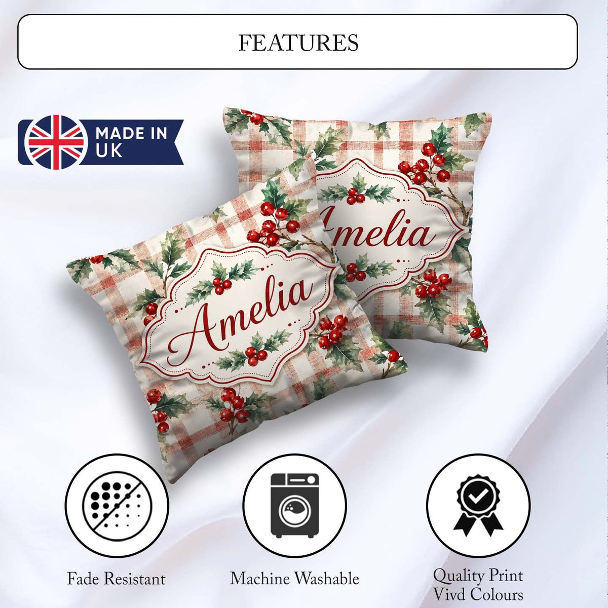 Custom Name Watercolor Holly Berry Plaid Seamless Pattern Lovely Square Filled Cushion Throw Pillow Sofa Bed Home Decor Zip Washable UK Made