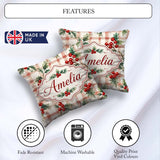 Custom Name Watercolor Holly Berry Plaid Seamless Pattern Lovely Square Filled Cushion Throw Pillow Sofa Bed Home Decor Zip Washable UK Made