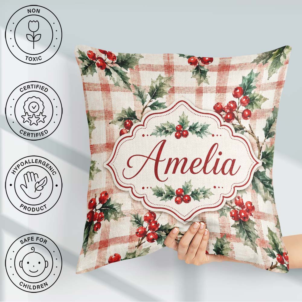 Custom Name Watercolor Holly Berry Plaid Seamless Pattern Lovely Square Filled Cushion Throw Pillow Sofa Bed Home Decor Zip Washable UK Made