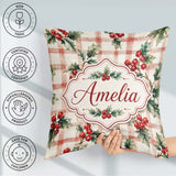 Custom Name Watercolor Holly Berry Plaid Seamless Pattern Lovely Square Filled Cushion Throw Pillow Sofa Bed Home Decor Zip Washable UK Made