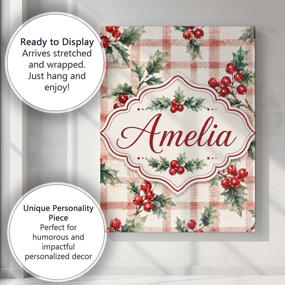 Personalised Name Watercolor Holly Berry Custom  Unique Gift Idea Elegant Feature Canvas Wall Art Print Decor Picture Ready to Hang