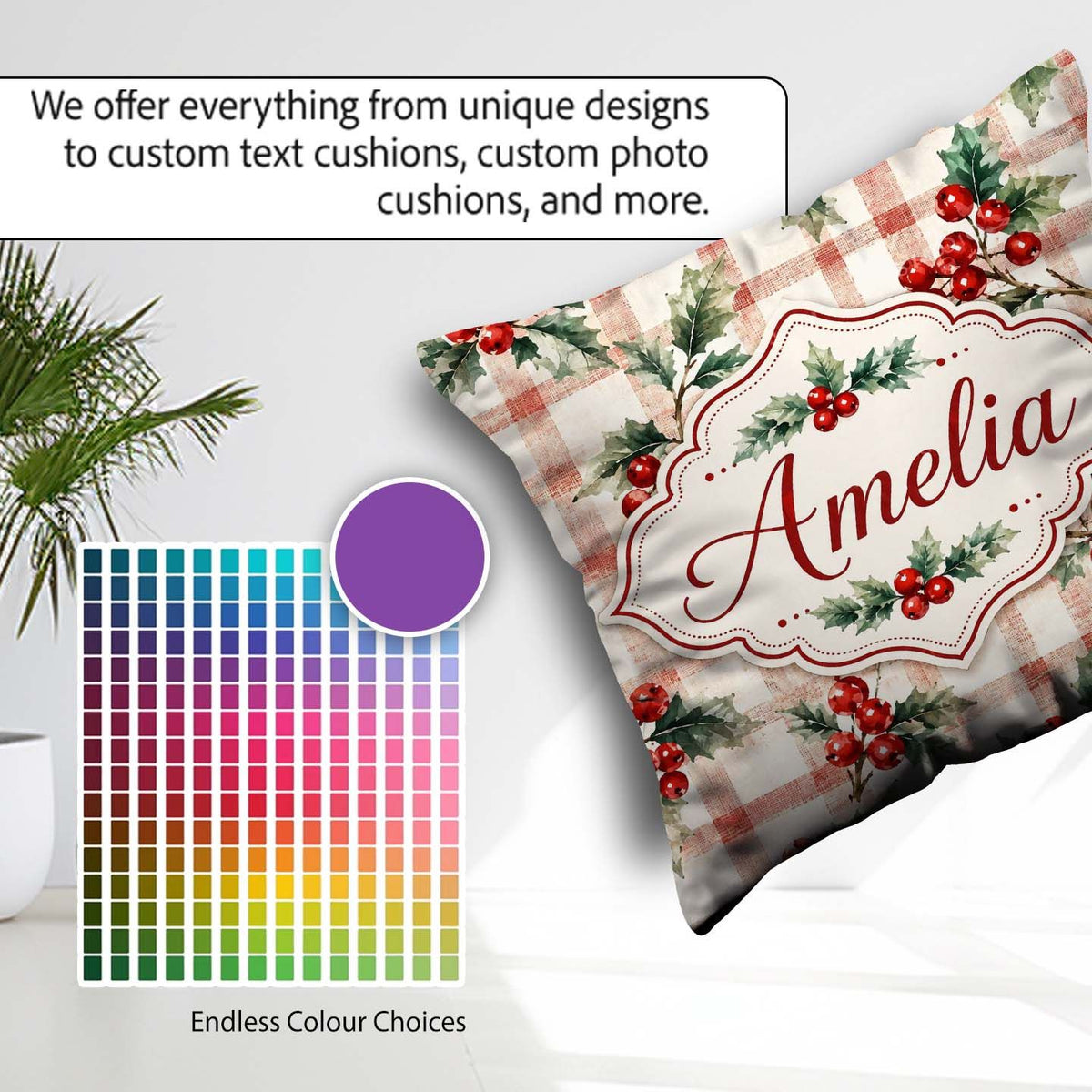 Custom Name Watercolor Holly Berry Plaid Seamless Pattern Lovely Square Filled Cushion Throw Pillow Sofa Bed Home Decor Zip Washable UK Made