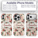 Watercolor Holly Berry Plaid Background Seamless Custom Name Protective Phone Case Mobile Cover Durable Everyday Smartphone Shock Resistant