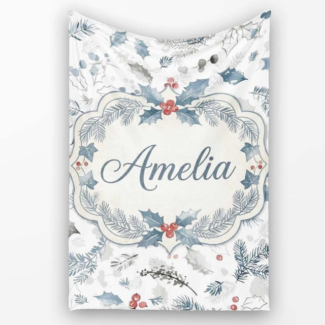 Winter Botanical Leaves Pine Branch Blue Tones Seamless Pattern  Personalised Custom Name Super Soft Fleece Blanket Bed Sofa Throw