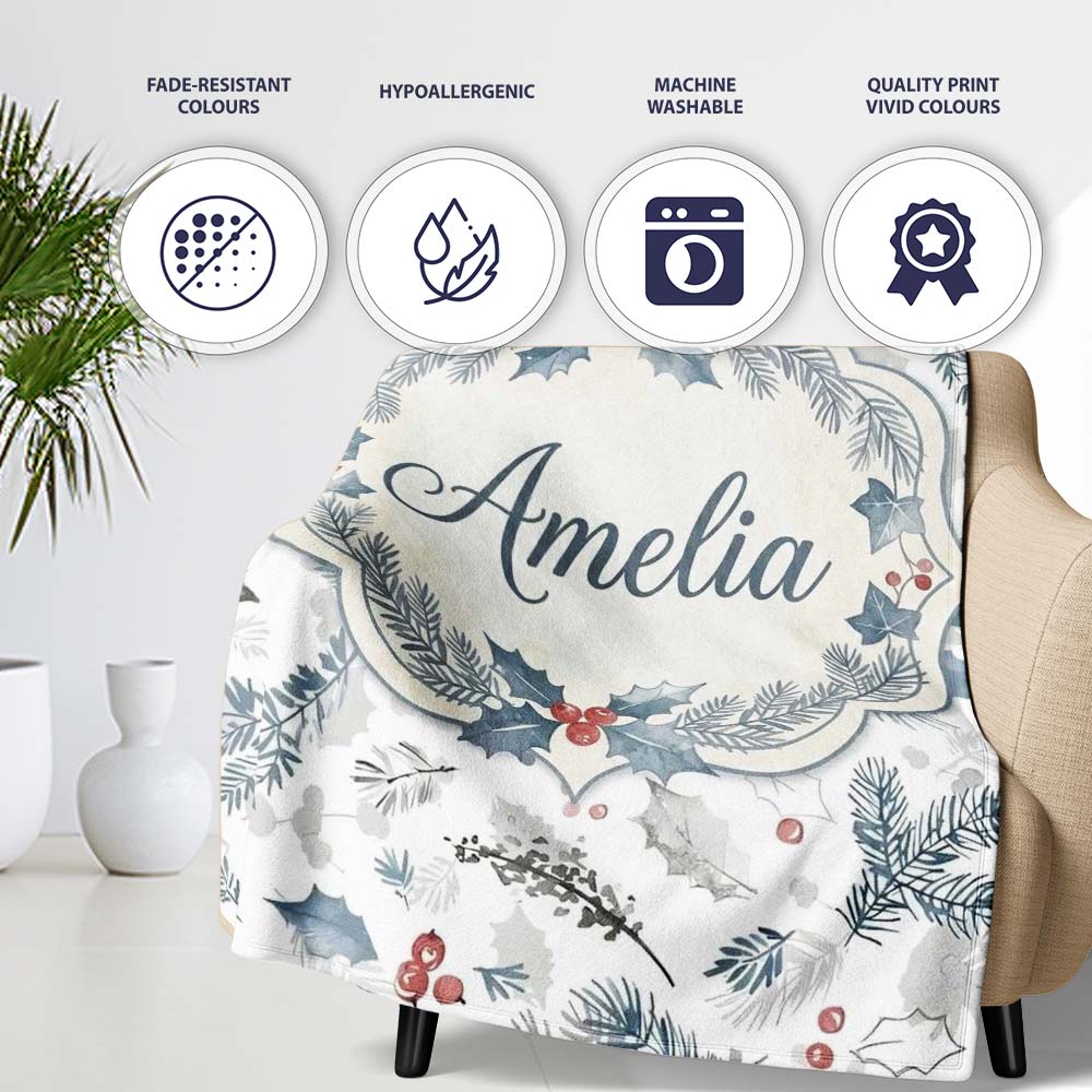 Winter Botanical Leaves Pine Branch Blue Tones Seamless Pattern  Personalised Custom Name Super Soft Fleece Blanket Bed Sofa Throw
