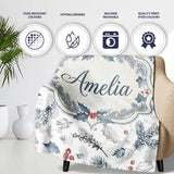 Winter Botanical Leaves Pine Branch Blue Tones Seamless Pattern  Personalised Custom Name Super Soft Fleece Blanket Bed Sofa Throw