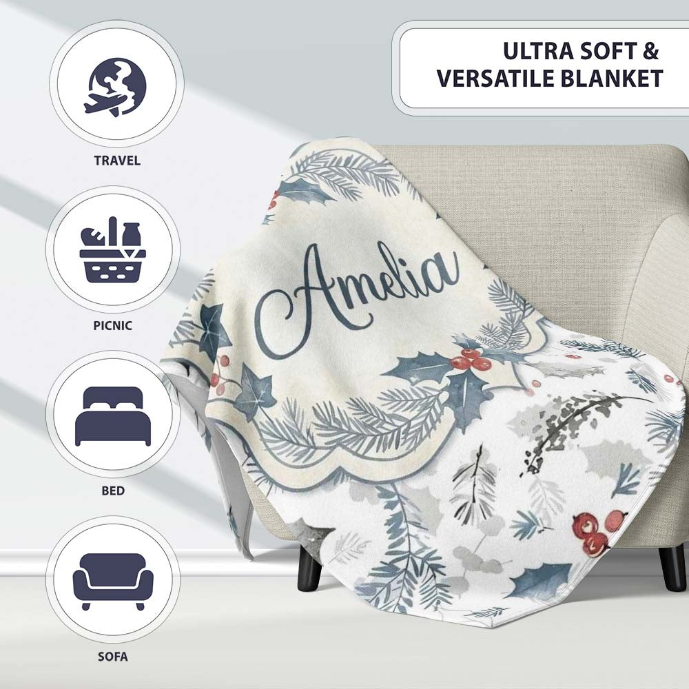 Winter Botanical Leaves Pine Branch Blue Tones Seamless Pattern  Personalised Custom Name Super Soft Fleece Blanket Bed Sofa Throw