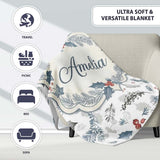 Winter Botanical Leaves Pine Branch Blue Tones Seamless Pattern  Personalised Custom Name Super Soft Fleece Blanket Bed Sofa Throw