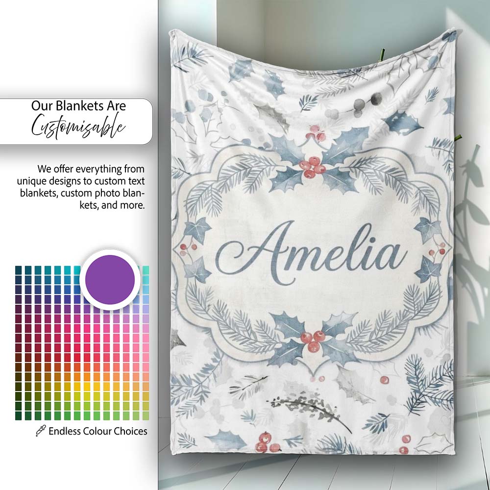 Winter Botanical Leaves Pine Branch Blue Tones Seamless Pattern  Personalised Custom Name Super Soft Fleece Blanket Bed Sofa Throw