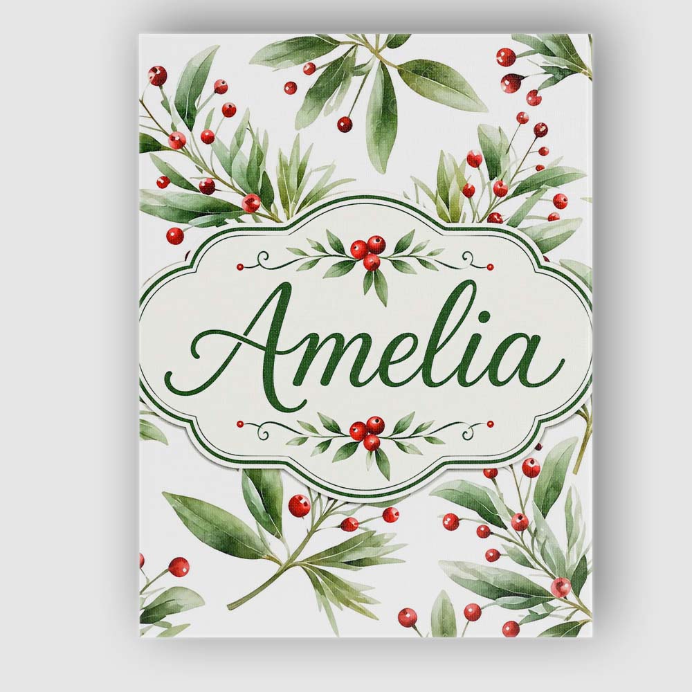 Personalised Name Green Leaves Red Berry Custom  Unique Gift Idea Elegant Feature Canvas Wall Art Print Decor Picture Ready to Hang