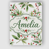 Personalised Name Green Leaves Red Berry Custom  Unique Gift Idea Elegant Feature Canvas Wall Art Print Decor Picture Ready to Hang