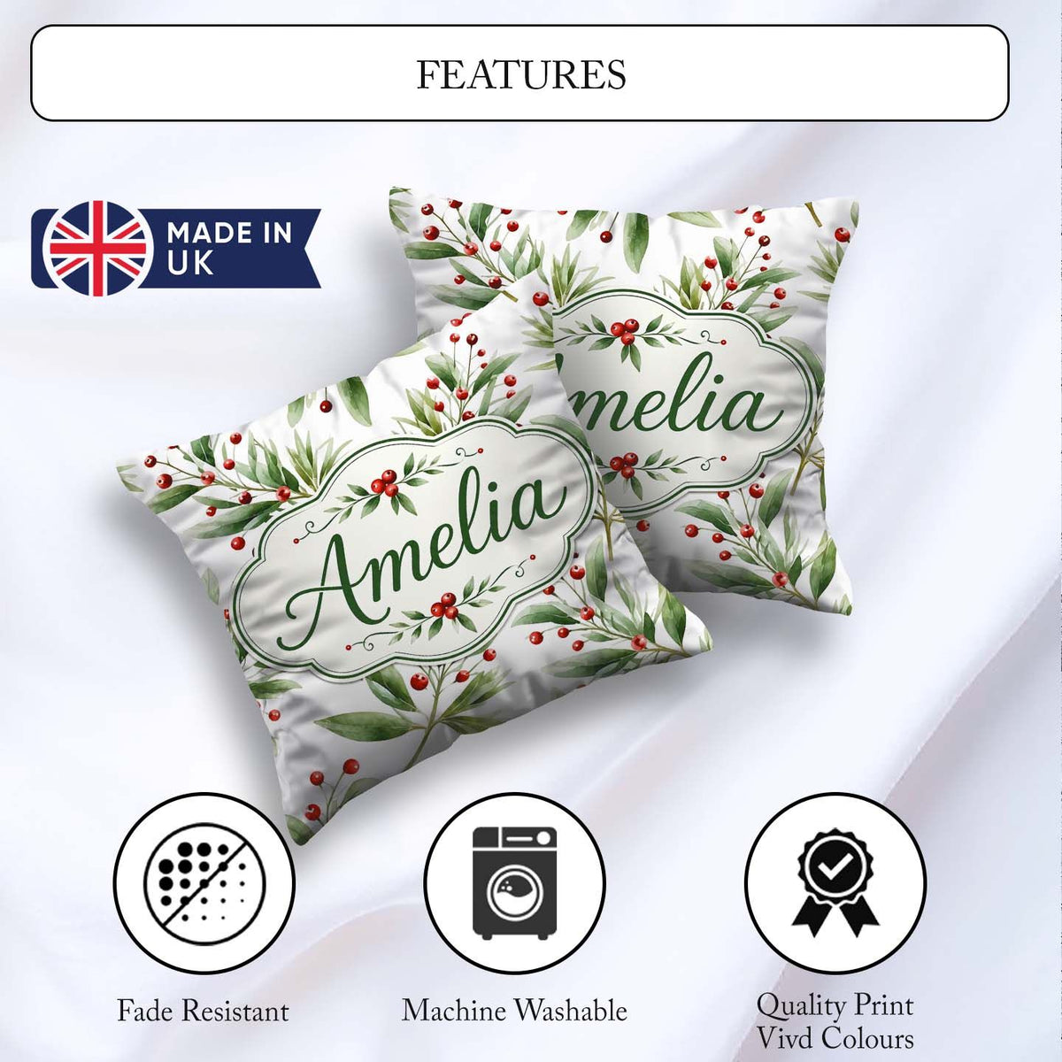 Custom Name Green Leaves Red Botanical Elegant Seamless Pattern Square Filled Cushion Throw Pillow Sofa Bed Home Decor Zip Washable UK Made