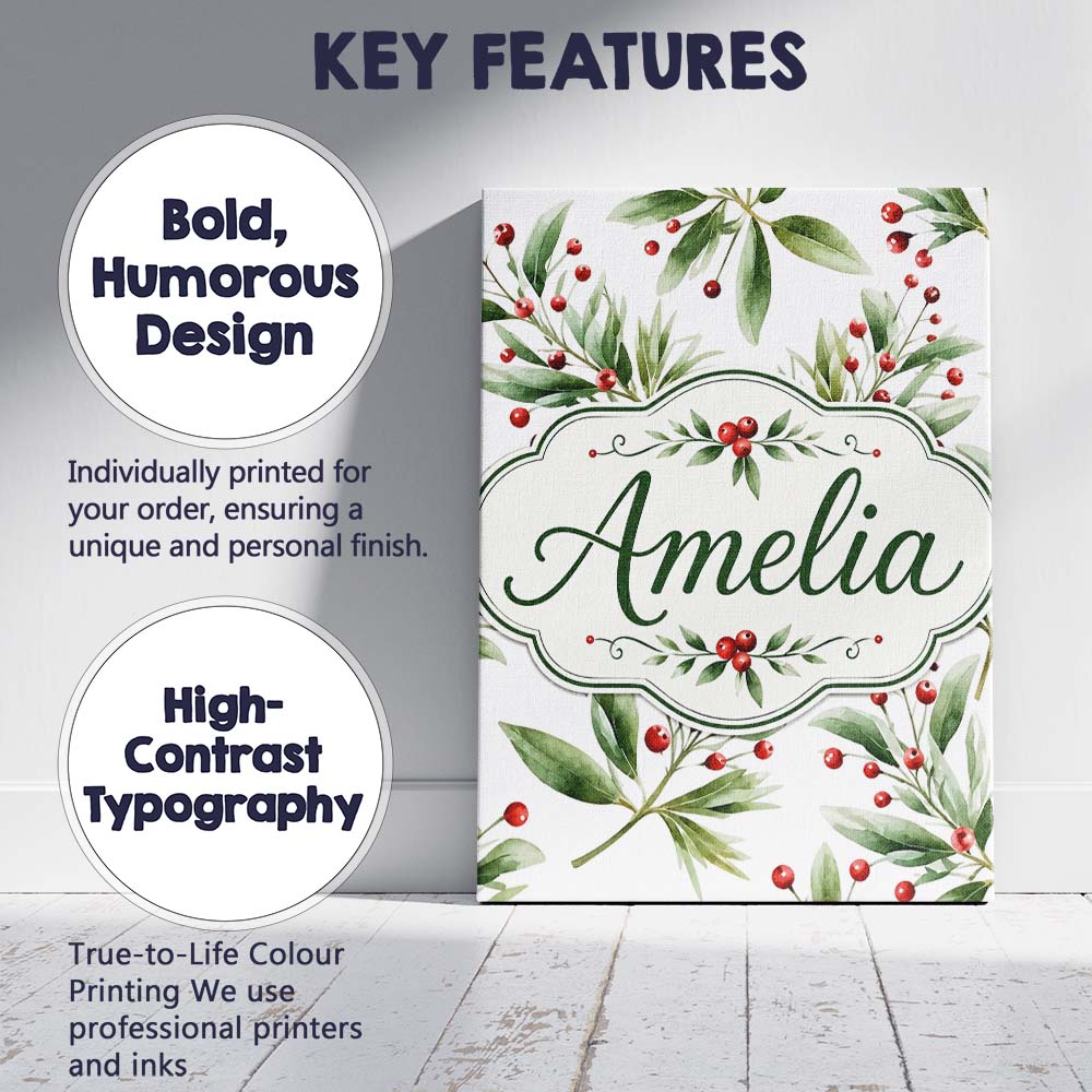 Personalised Name Green Leaves Red Berry Custom  Unique Gift Idea Elegant Feature Canvas Wall Art Print Decor Picture Ready to Hang