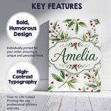 Personalised Name Green Leaves Red Berry Custom  Unique Gift Idea Elegant Feature Canvas Wall Art Print Decor Picture Ready to Hang