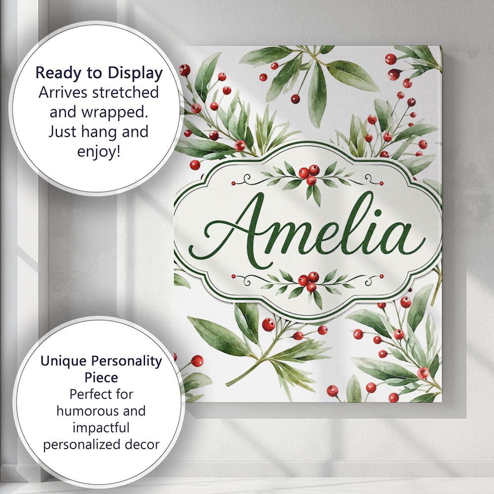 Personalised Name Green Leaves Red Berry Custom  Unique Gift Idea Elegant Feature Canvas Wall Art Print Decor Picture Ready to Hang