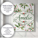 Personalised Name Green Leaves Red Berry Custom  Unique Gift Idea Elegant Feature Canvas Wall Art Print Decor Picture Ready to Hang