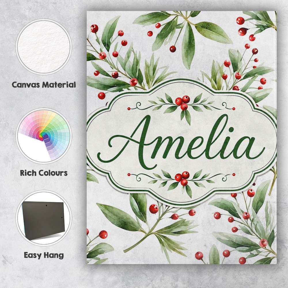 Personalised Name Green Leaves Red Berry Custom  Unique Gift Idea Elegant Feature Canvas Wall Art Print Decor Picture Ready to Hang