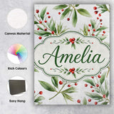 Personalised Name Green Leaves Red Berry Custom  Unique Gift Idea Elegant Feature Canvas Wall Art Print Decor Picture Ready to Hang