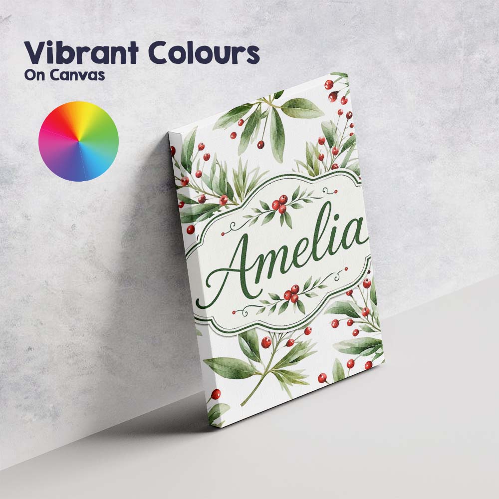 Personalised Name Green Leaves Red Berry Custom  Unique Gift Idea Elegant Feature Canvas Wall Art Print Decor Picture Ready to Hang
