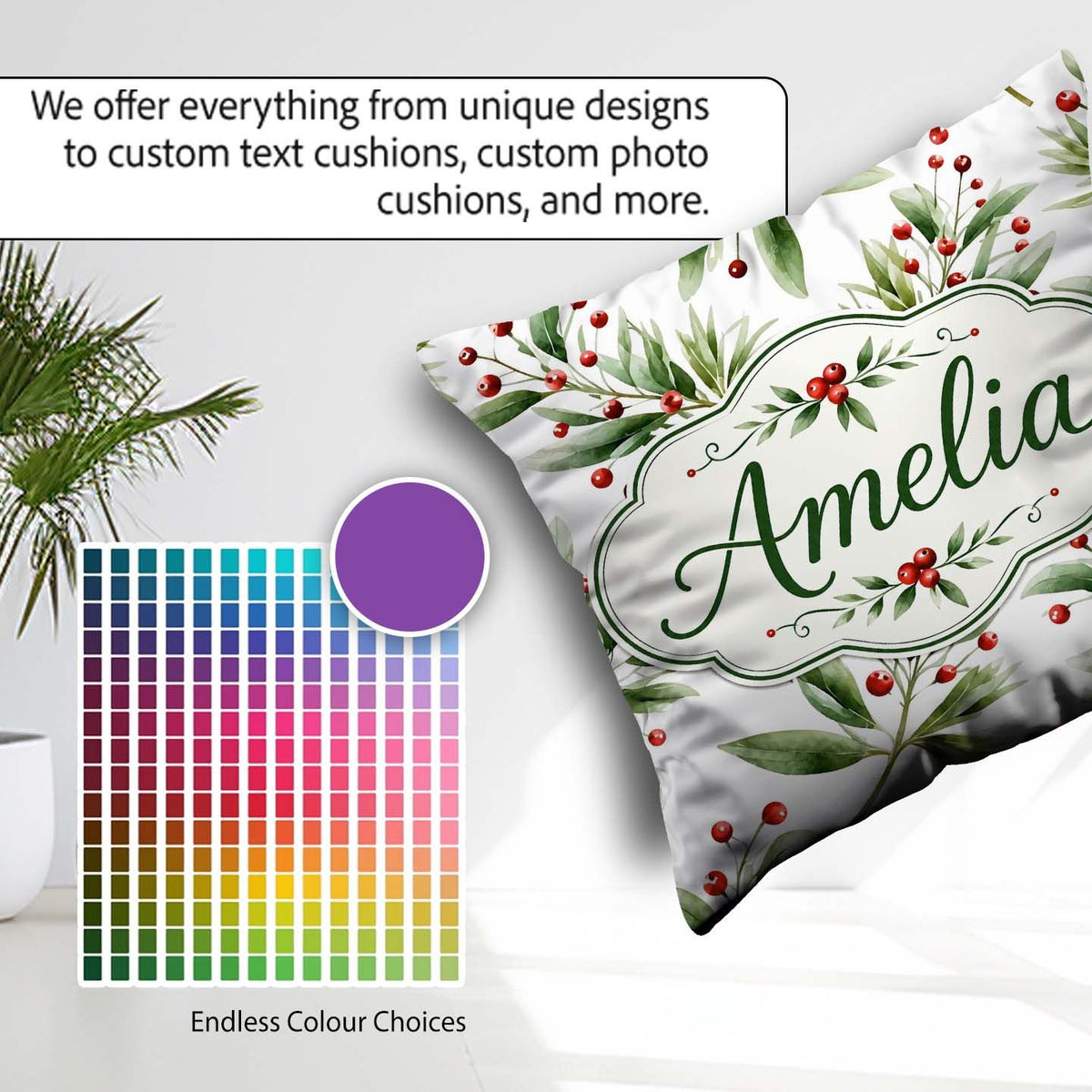 Custom Name Green Leaves Red Botanical Elegant Seamless Pattern Square Filled Cushion Throw Pillow Sofa Bed Home Decor Zip Washable UK Made