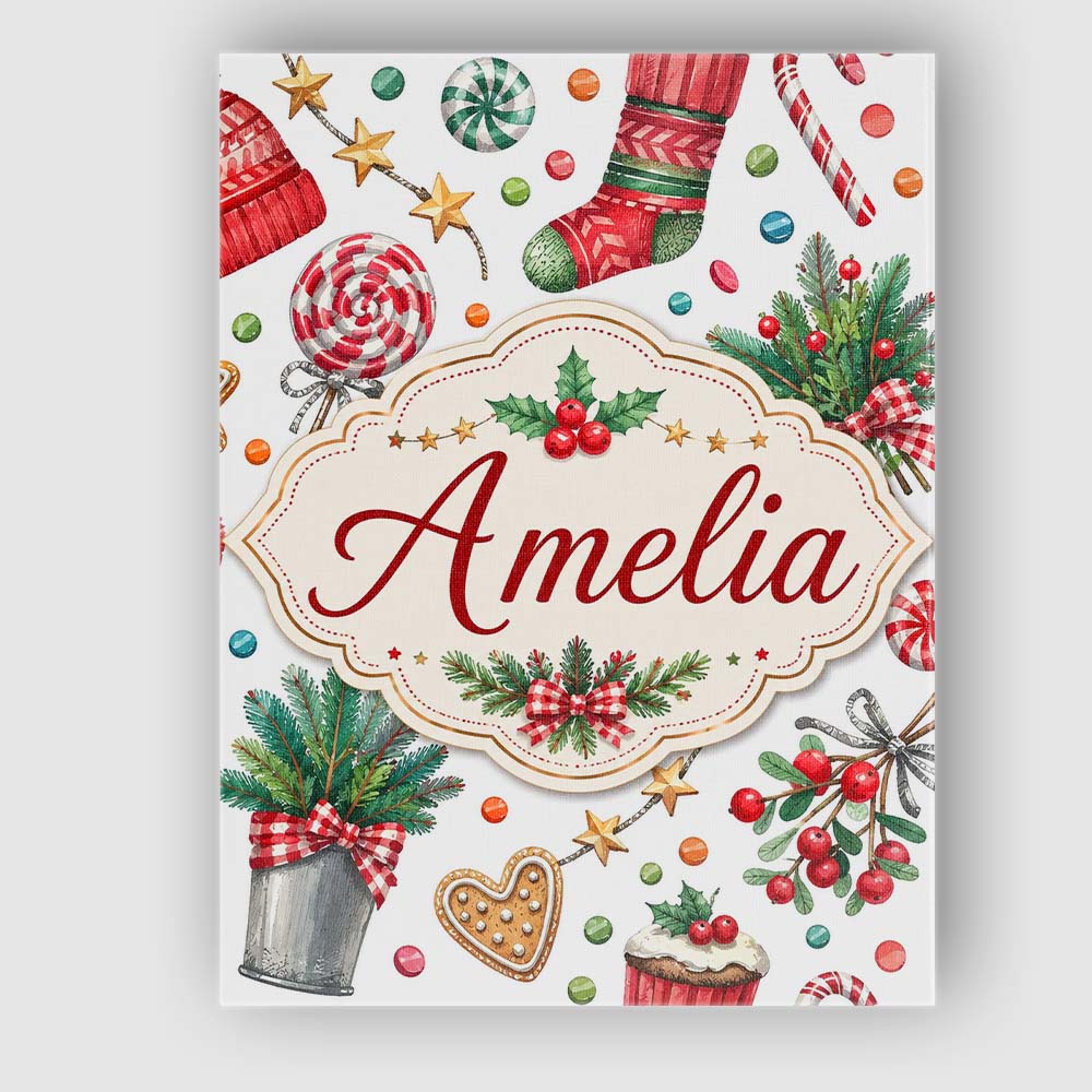 Personalised Name Festive Candy Cane Custom Premium Decorative Design Modern Room Accent Canvas Wall Art Print Decor Picture Ready to Hang