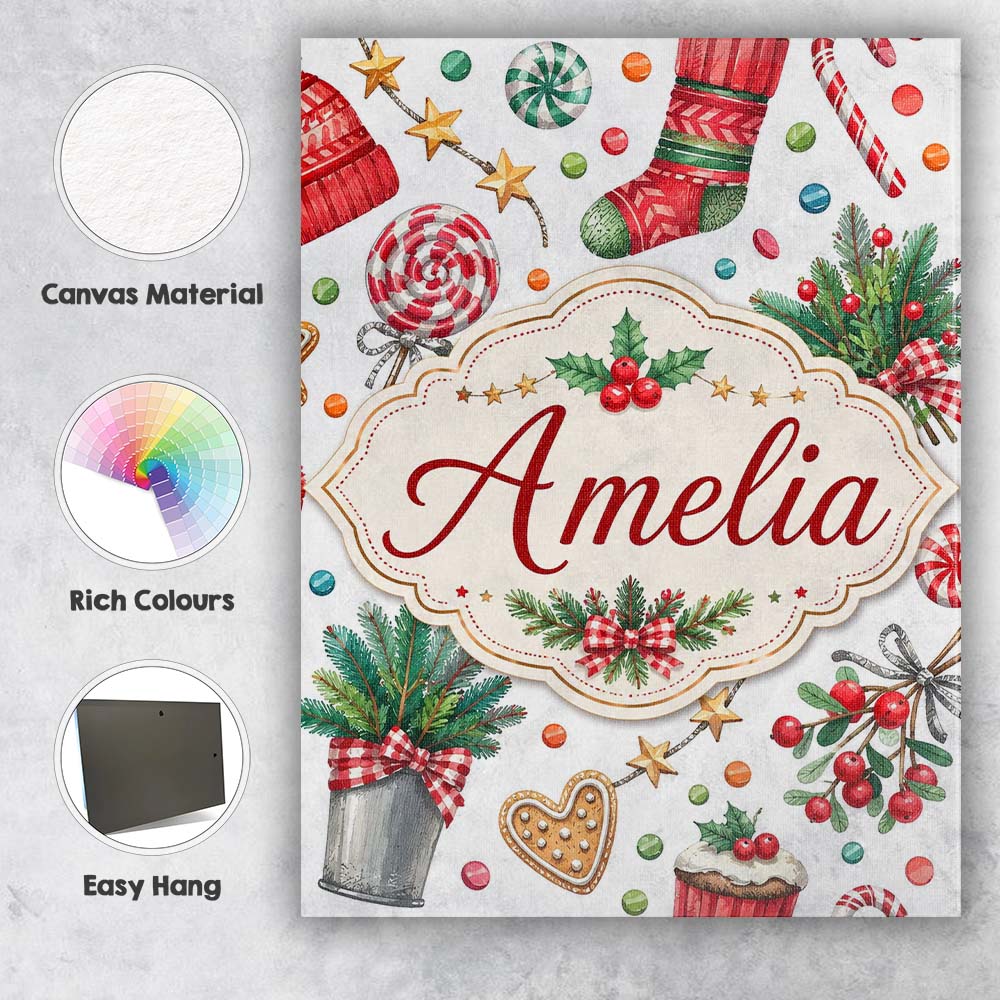 Personalised Name Festive Candy Cane Custom Premium Decorative Design Modern Room Accent Canvas Wall Art Print Decor Picture Ready to Hang