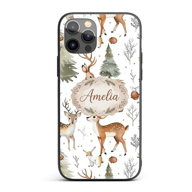 Woodland Deer Forest Trees Cute Winter Seamless Custom Name Protective Phone Case Mobile Cover Durable Everyday Smartphone Shock Resistant