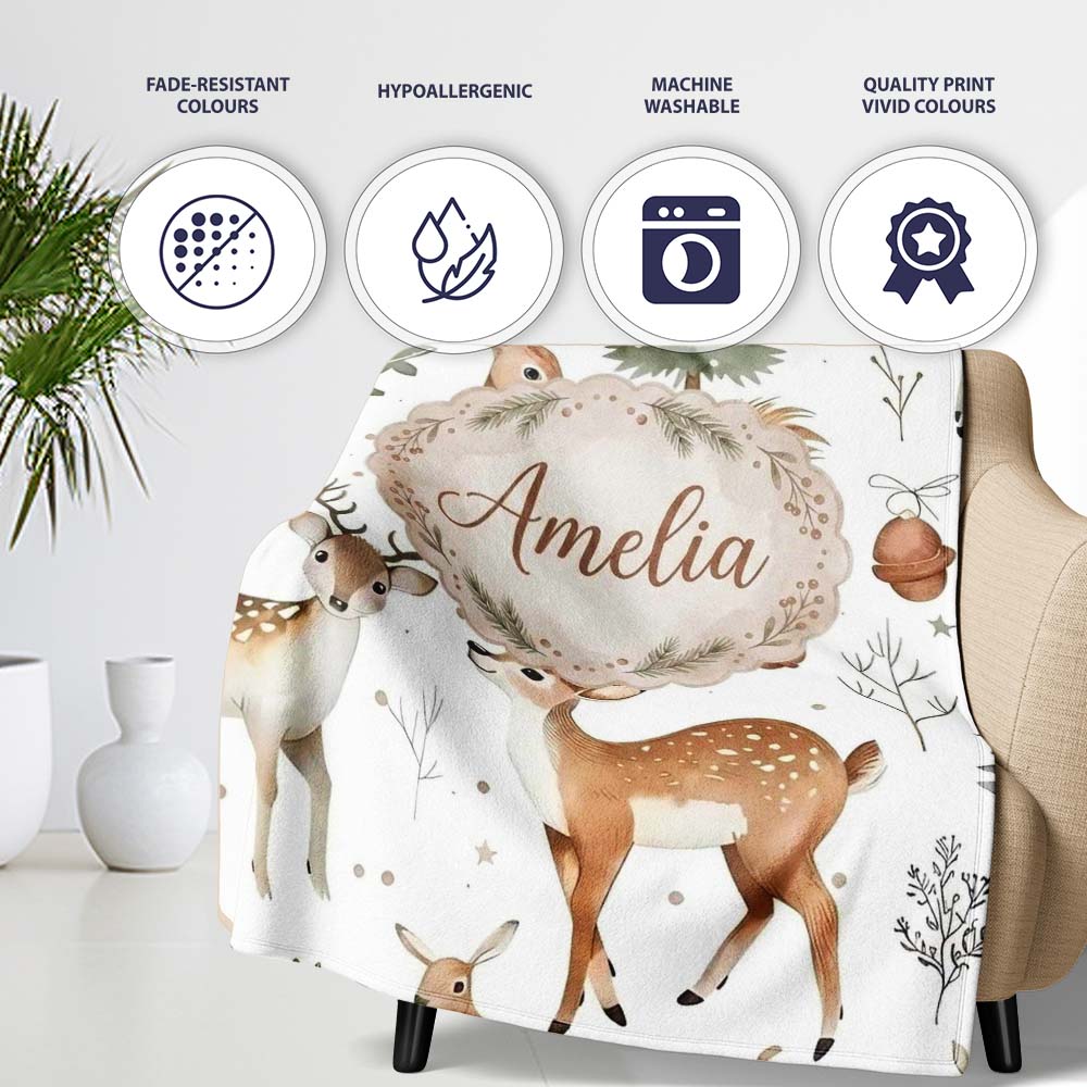 Woodland Deer Forest Trees Cute Winter Seamless Pattern Lovely  Personalised Custom Name Super Soft Fleece Blanket Bed Sofa Throw