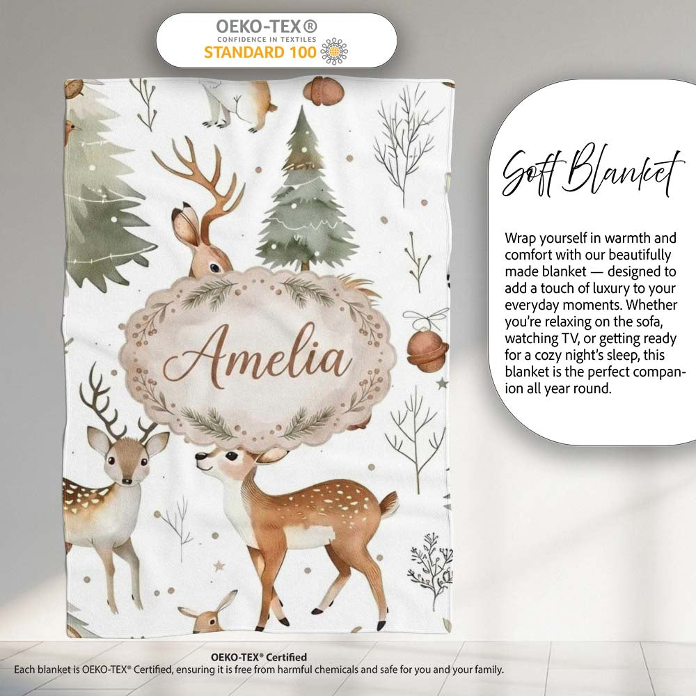 Woodland Deer Forest Trees Cute Winter Seamless Pattern Lovely  Personalised Custom Name Super Soft Fleece Blanket Bed Sofa Throw