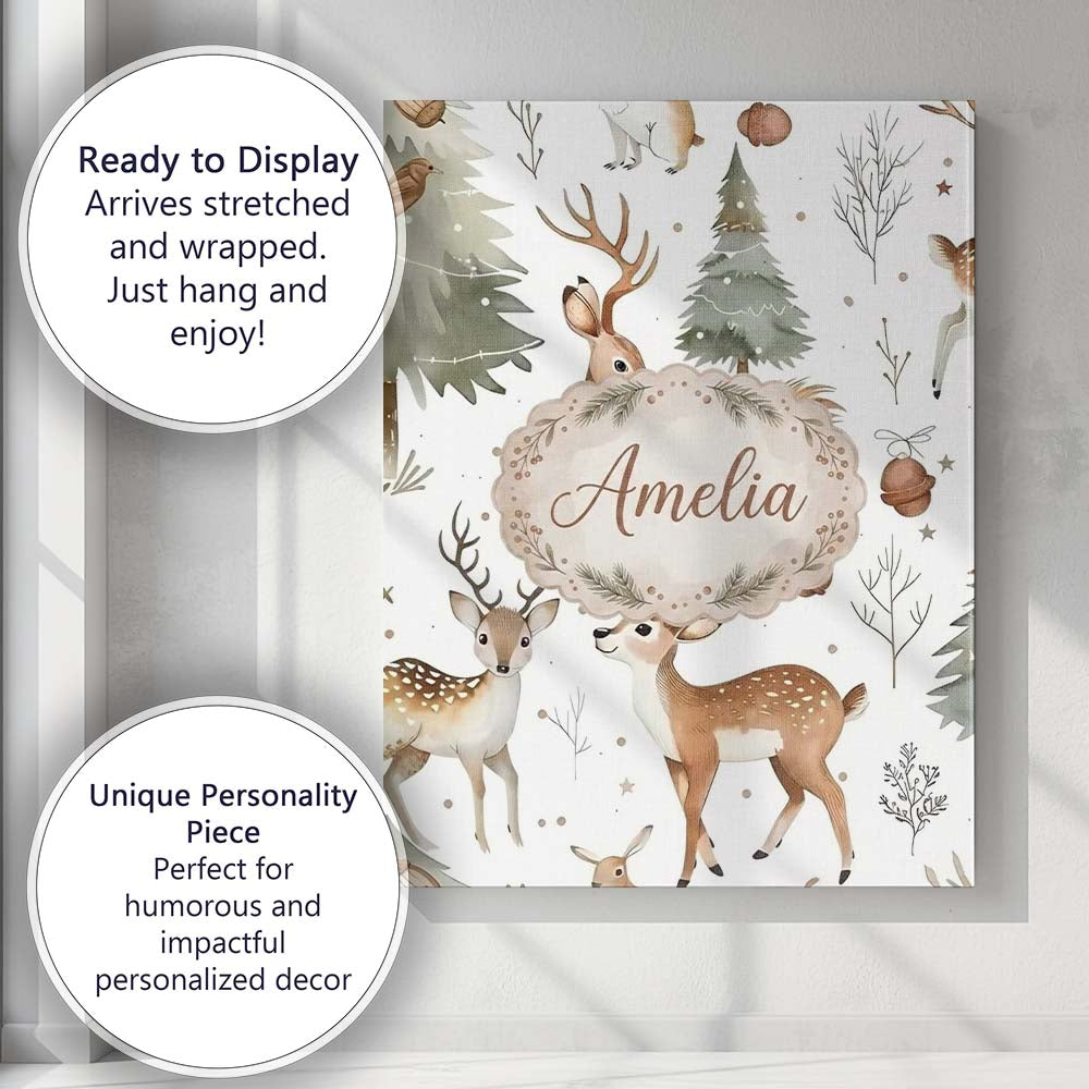 Personalised Name Woodland Deer Forest Custom  Modern Room Accent Elegant Feature Canvas Wall Art Print Decor Picture Ready to Hang