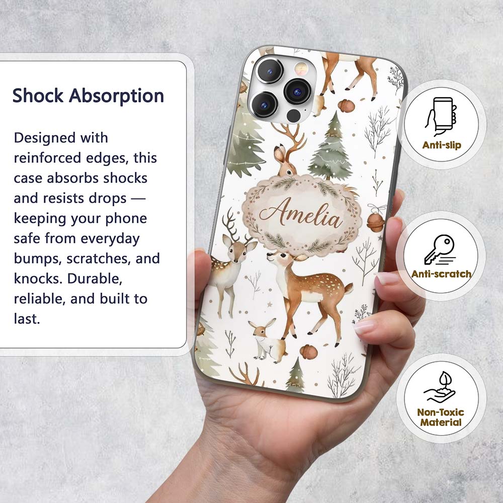 Woodland Deer Forest Trees Cute Winter Seamless Custom Name Protective Phone Case Mobile Cover Durable Everyday Smartphone Shock Resistant