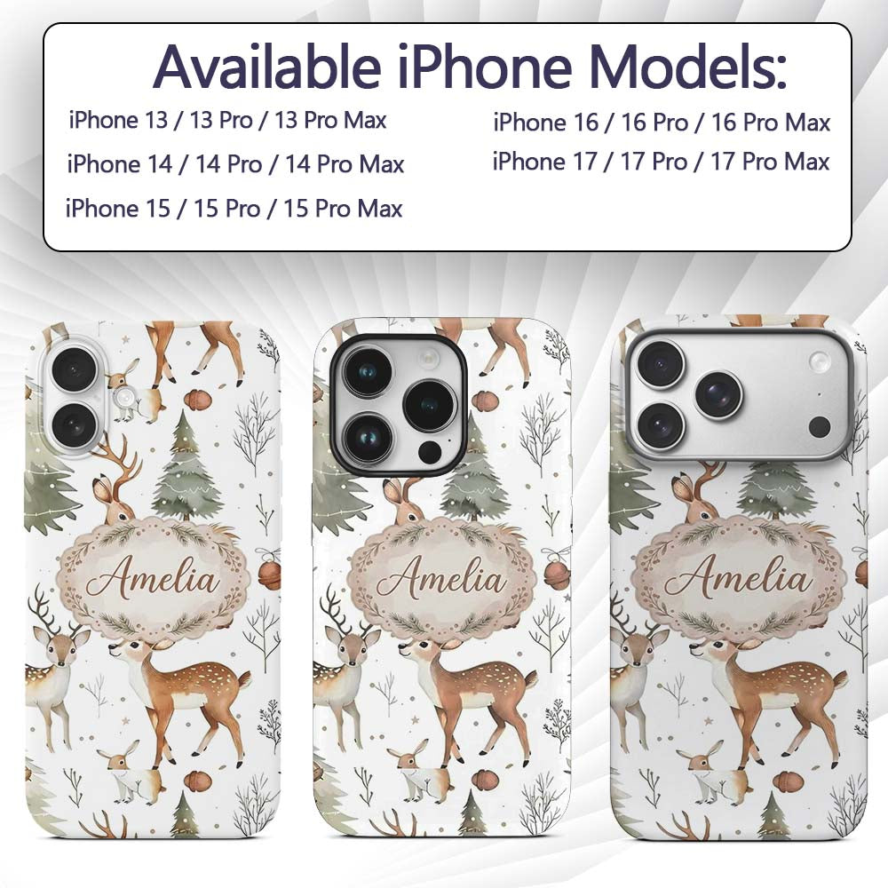 Woodland Deer Forest Trees Cute Winter Seamless Custom Name Protective Phone Case Mobile Cover Durable Everyday Smartphone Shock Resistant
