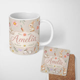 Personalized Custom Name Cute Easter Bunnies with Flowers Carrots Soft Beige Background 11oz Ceramic Coffee Tea Mug White Large Handle