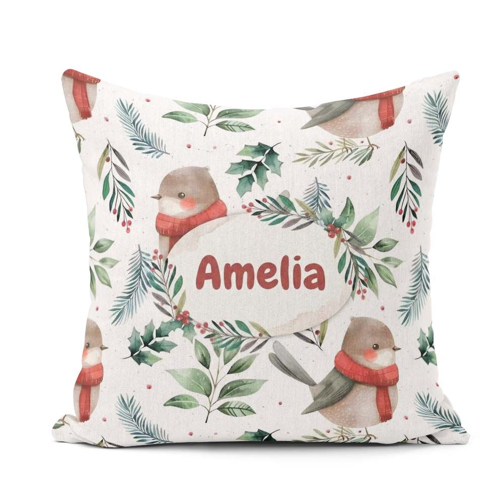 Custom Name Winter Birds with Scarf and Botanical Leaves Pattern Square Filled Cushion Throw Pillow Sofa Bed Home Decor Zip Washable UK Made