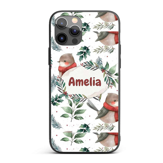 Cute Winter Birds with Scarf and Botanical Leaves Custom Name Protective Phone Case Mobile Cover Durable Everyday Smartphone Shock Resistant