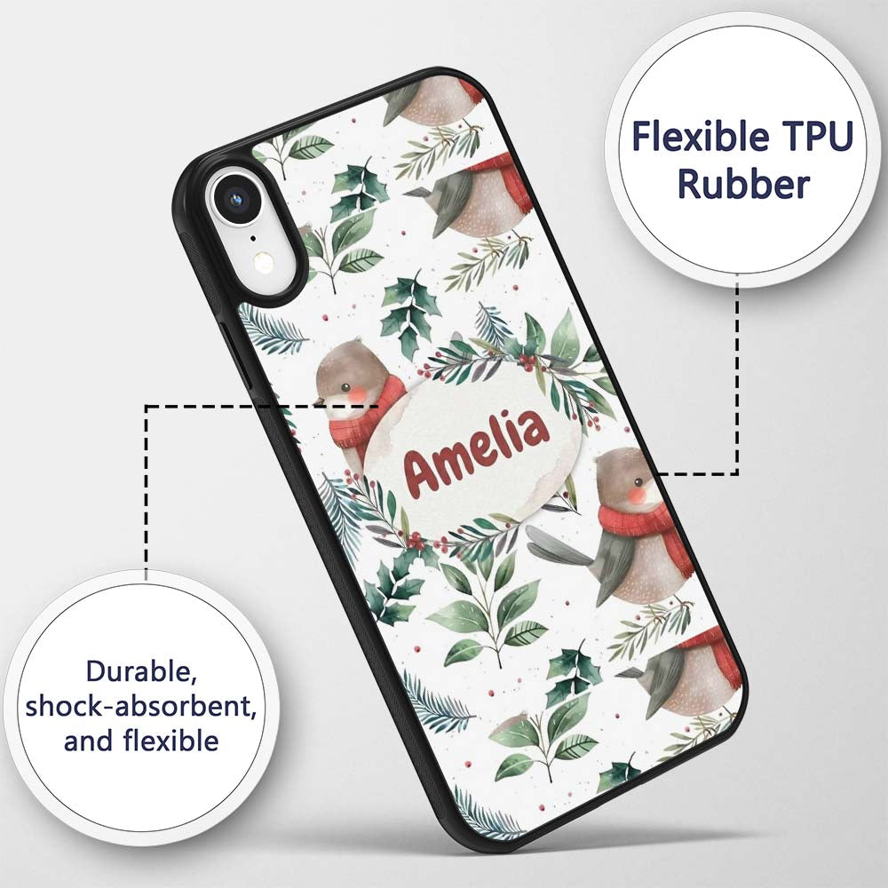 Cute Winter Birds with Scarf and Botanical Leaves Custom Name Protective Phone Case Mobile Cover Durable Everyday Smartphone Shock Resistant