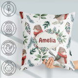 Custom Name Winter Birds with Scarf and Botanical Leaves Pattern Square Filled Cushion Throw Pillow Sofa Bed Home Decor Zip Washable UK Made