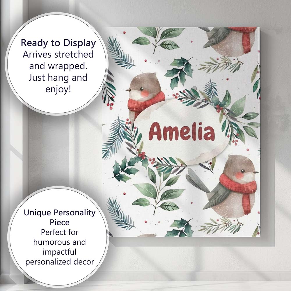 Personalised Name Cute Winter Birds with Custom  Unique Gift Idea Elegant Feature Canvas Wall Art Print Decor Picture Ready to Hang