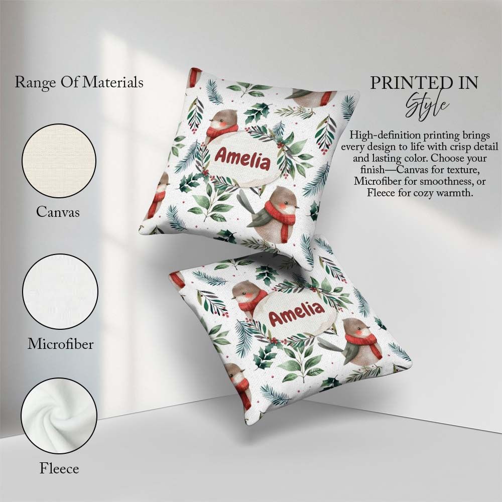 Custom Name Winter Birds with Scarf and Botanical Leaves Pattern Square Filled Cushion Throw Pillow Sofa Bed Home Decor Zip Washable UK Made