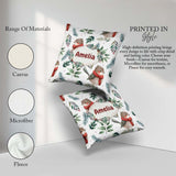 Custom Name Winter Birds with Scarf and Botanical Leaves Pattern Square Filled Cushion Throw Pillow Sofa Bed Home Decor Zip Washable UK Made