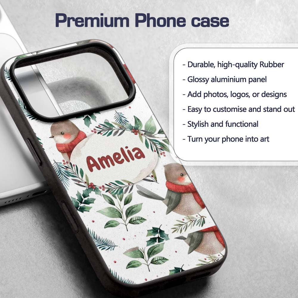 Cute Winter Birds with Scarf and Botanical Leaves Custom Name Protective Phone Case Mobile Cover Durable Everyday Smartphone Shock Resistant
