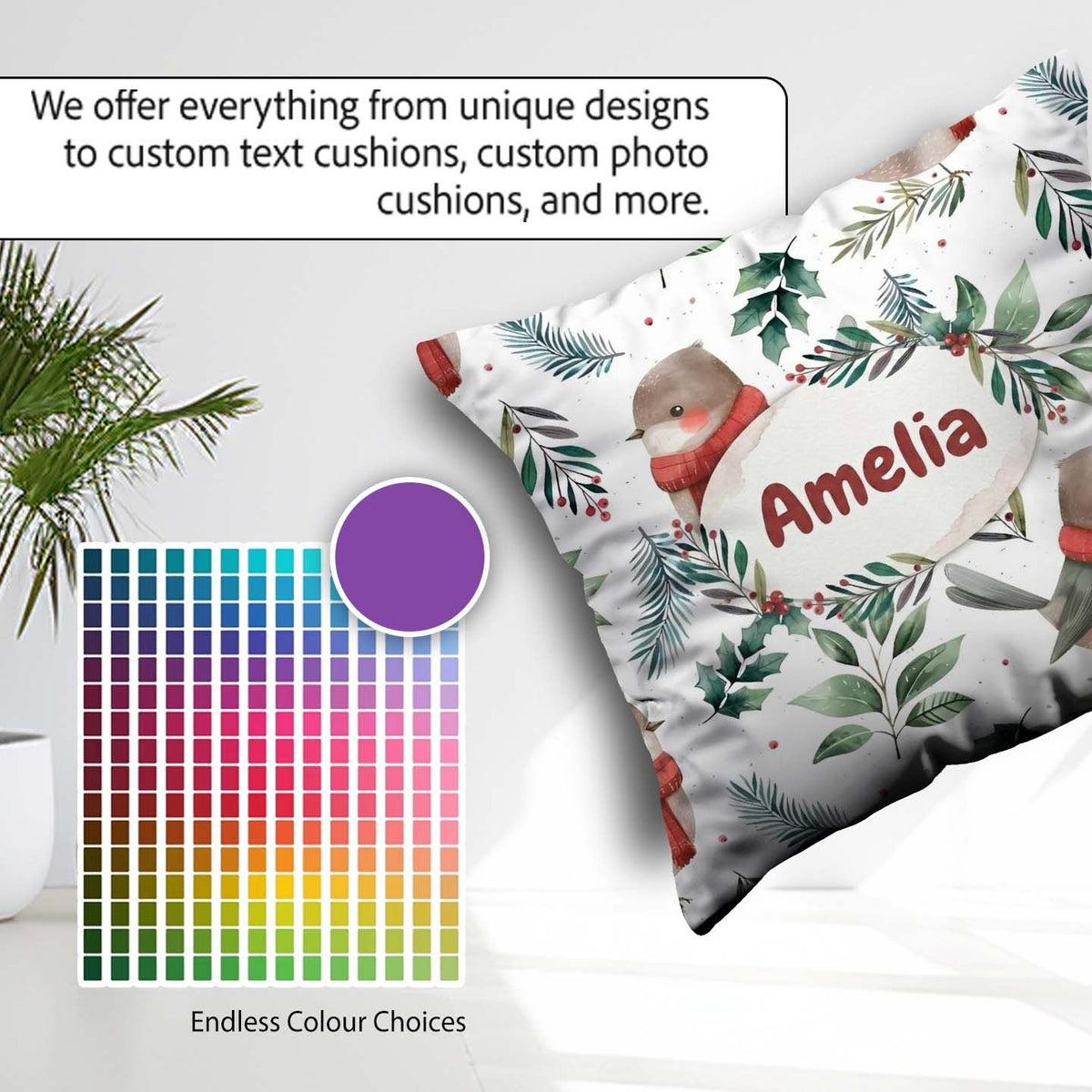 Custom Name Winter Birds with Scarf and Botanical Leaves Pattern Square Filled Cushion Throw Pillow Sofa Bed Home Decor Zip Washable UK Made