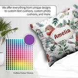 Custom Name Winter Birds with Scarf and Botanical Leaves Pattern Square Filled Cushion Throw Pillow Sofa Bed Home Decor Zip Washable UK Made
