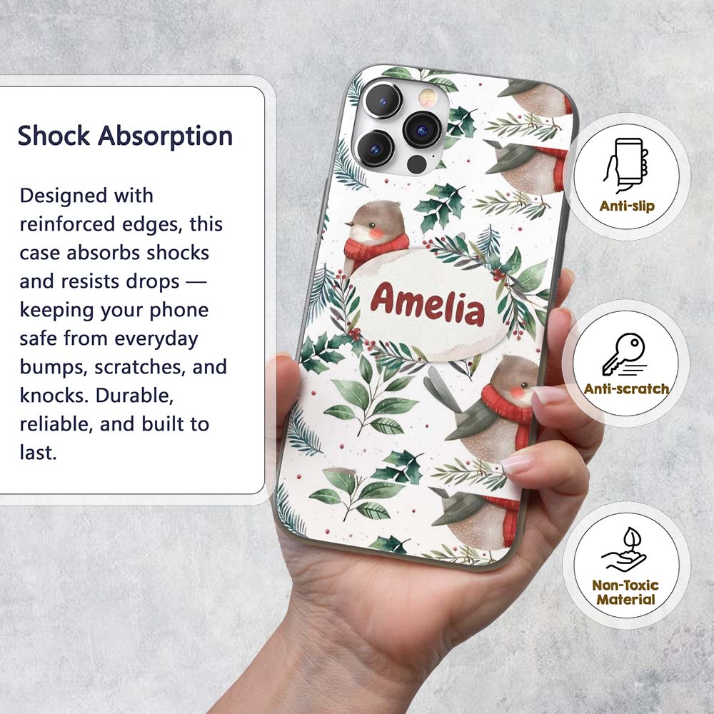 Cute Winter Birds with Scarf and Botanical Leaves Custom Name Protective Phone Case Mobile Cover Durable Everyday Smartphone Shock Resistant