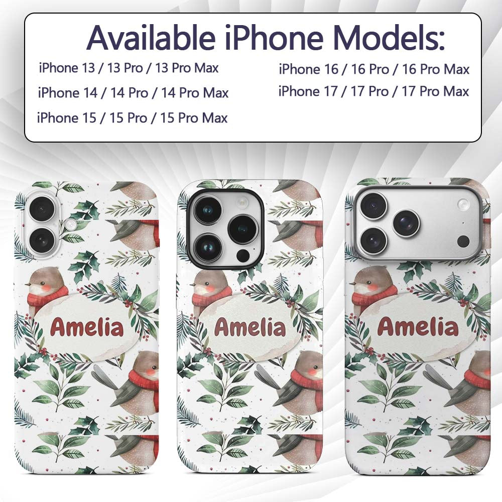 Cute Winter Birds with Scarf and Botanical Leaves Custom Name Protective Phone Case Mobile Cover Durable Everyday Smartphone Shock Resistant