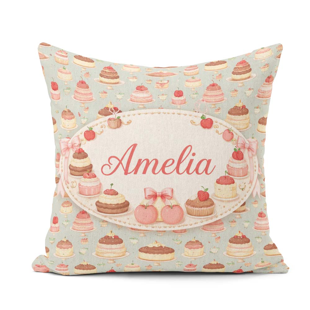 Custom Name Pastel Cake Slice Seamless Pattern Sweet Food Design Square Filled Cushion Throw Pillow Sofa Bed Home Decor Zip Washable UK Made