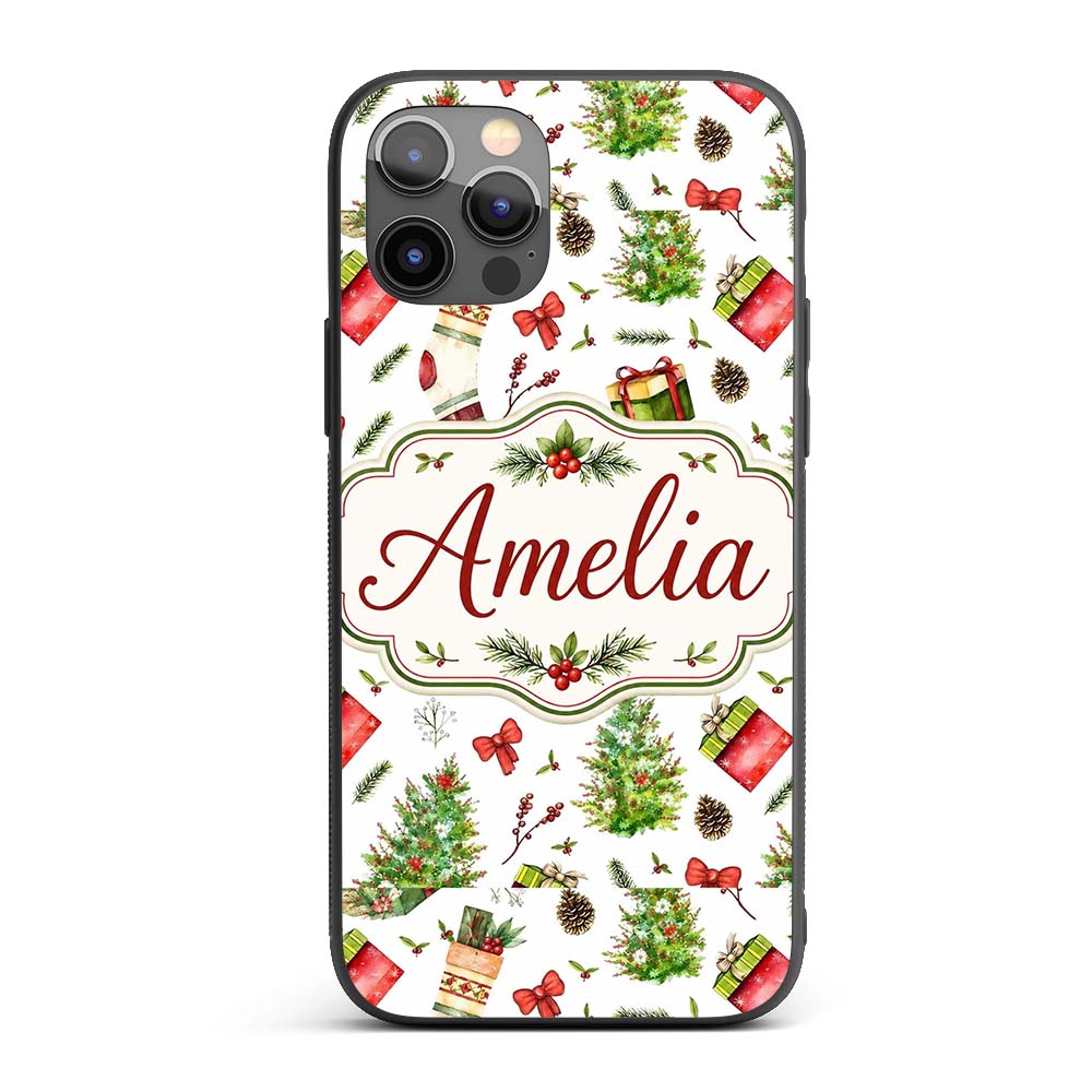 Christmas Gifts Tree Bow Festive Holiday Seamless Custom Name Protective Phone Case Mobile Cover Durable Everyday Smartphone Shock Resistant