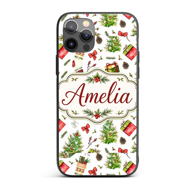 Christmas Gifts Tree Bow Festive Holiday Seamless Custom Name Protective Phone Case Mobile Cover Durable Everyday Smartphone Shock Resistant