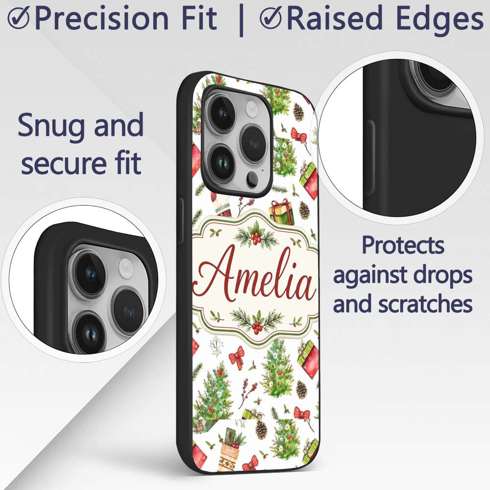 Christmas Gifts Tree Bow Festive Holiday Seamless Custom Name Protective Phone Case Mobile Cover Durable Everyday Smartphone Shock Resistant